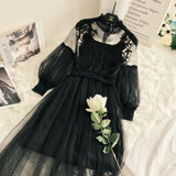 Fairy Dress Stand-Collar Gauze Three-Dimensional Women's High Waist Hollow-out Dress Lantern Lace