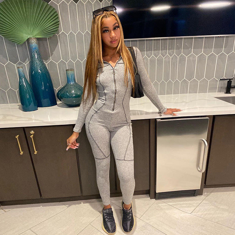 Fall Lapels High Waist Hip Lift Tight Sports Jumpsuit for Women
