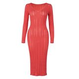 Women Summer Dresses Midi Dress  Spring Clothing Sexy Fashion See-through V-neck Long Sleeve Long Skirt Dress