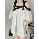 Kim Kardashian Marilyn Monroe Dress Summer off-Shoulder Solid Color French Loose Short Sleeve Shirt