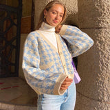 Preppy Aesthetic Outfits Plaid Knitted Coat Women's V-neck Knitted Sweater Women's Casual Coat