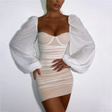 Women Summer Dresses Mini Dress Spring Sexy Backless Lantern Sleeve Pleated Skirt Dress