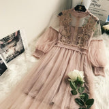 Fairy Dress Stand-Collar Gauze Three-Dimensional Women's High Waist Hollow-out Dress Lantern Lace