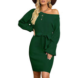 Sweater Dress Outfit With Tights 2 Pieces Set Autumn and Winter Knitted Solid Color Slim Women's Long Sleeve off-Shoulder Dress