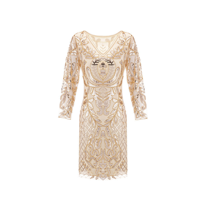 The Great Gatsby Prom Dresses Sexy V-neck Long Sleeve Sequin Bead Dress Skirt