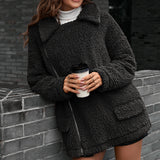 Women Sherpa Jacket Loose Thick Bubble Velvet Zipper Furry Coat Lapel Lamb Wool Trench Coat