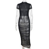 Kesha Black Dress Sexy Mesh See-through Pleating Short Sleeve Dress for Women