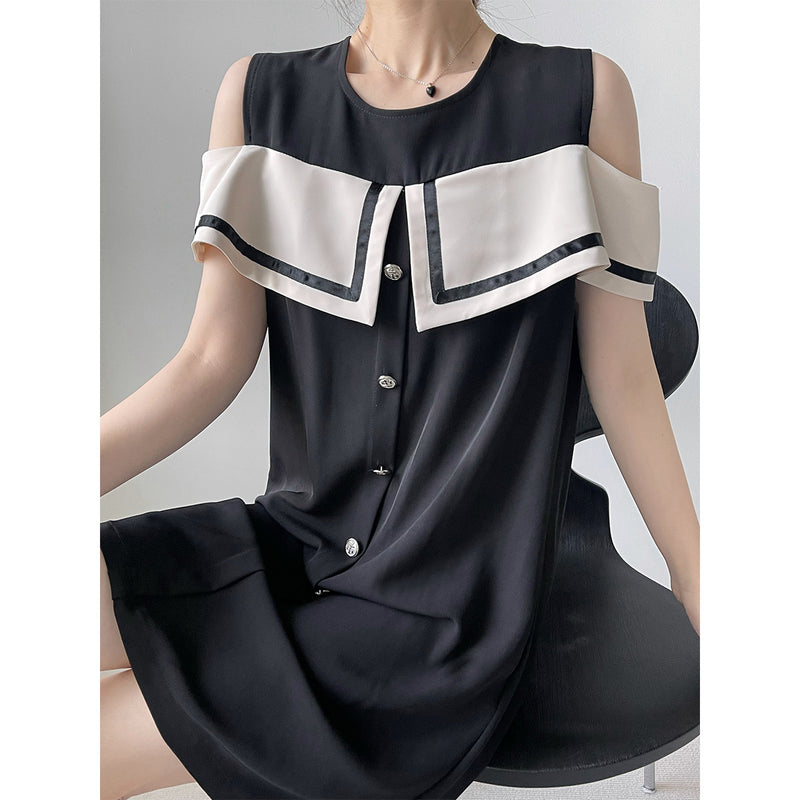 Kim Kardashian Marilyn Monroe Dress Summer round Neck Solid Color Women's off-the-Shoulder Contrast Color Dress Vintage Skirt