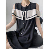 Kim Kardashian Marilyn Monroe Dress Summer round Neck Solid Color Women's off-the-Shoulder Contrast Color Dress Vintage Skirt