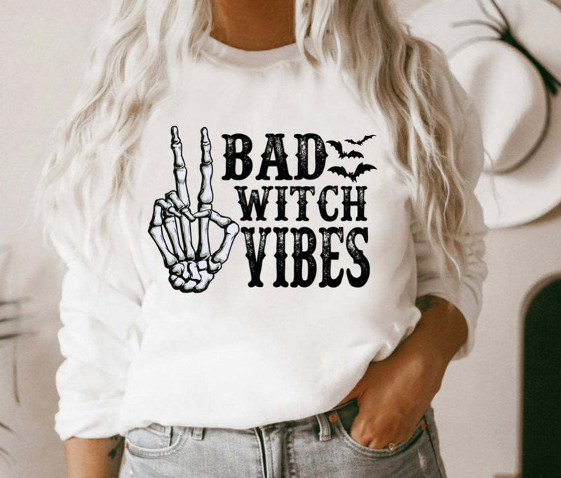 Halloween Costumes Bad Witch Vibes Pumpkin Printed Crew Neck Sweatshirt Female