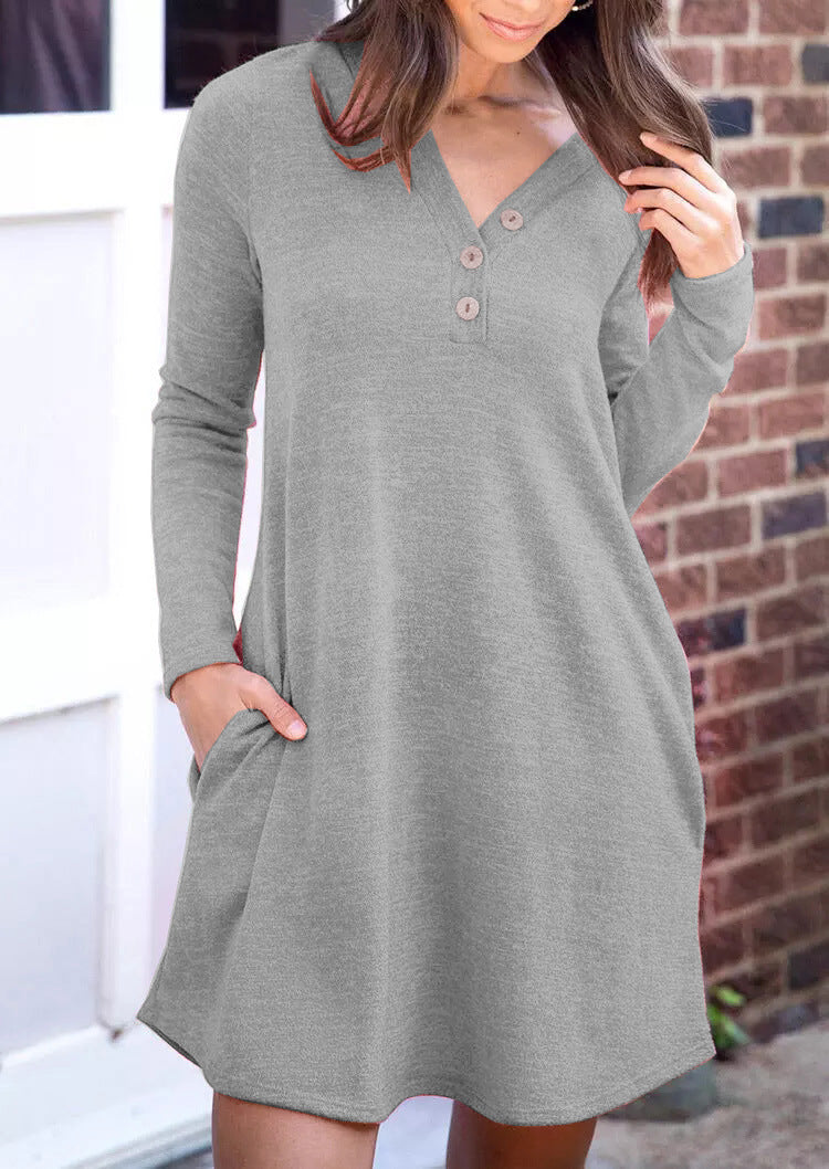 Work Dresses with Pockets Autumn and Winter Solid Color Casual Loose Long Sleeve Dress