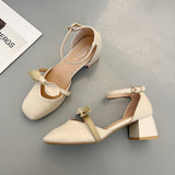 Nude Pumps Block Heel Bowknot Mary Jane Leather Shoes