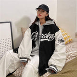 Women Varsity Baseball Jackets Colorblock Retro Cardigan Jacket Baseball Uniform Coat Female Loose