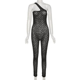Summer Women's Sexy Mesh Flocking Leopard Print One-Shoulder High Waist Tight Sports Jumpsuit