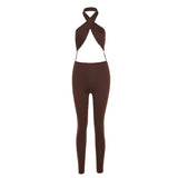 Summer women's sexy backless halter solid color high waist tight casual sports jumpsuit