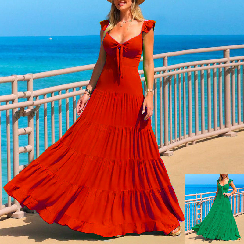 Women Bohemian Dress Summer Sexy Chest Wrap Backless Dress