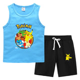 Children Pokemon Pikachu Tshirts & Shorts Summer Vest Middle Pants Sports Casual Thin Sleeveless Two Pieces