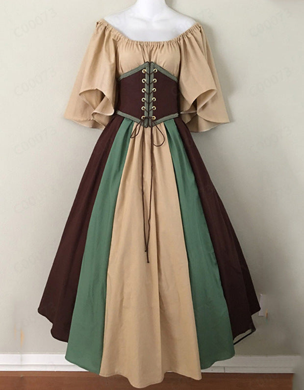 Vintage Empire Waist Dress Stitching Flounced Sleeve Lace-up Cinched Swing Dress Dress for Women