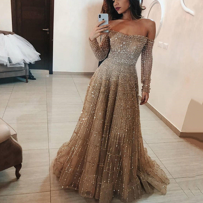 Semi Formal Dresses for Wedding Winter Shiny Long Sleeve Tube Top Dress