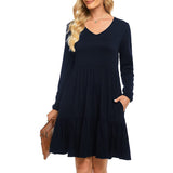 Work Dresses with Pockets Casual Autumn Long Sleeve Loose Dress with Pockets