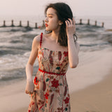 Women Cottagecore Dress Vintage Dress Embroidered Strap Dress Travel Photography Dress Summer off-Shoulder Seaside Vacation Dress