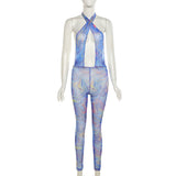 Summer women's sexy backless mesh printed high waist tight casual sports jumpsuit