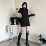 Gothic Lolita Harajuku Style Dressing Black Improved Cheongsam Dress with Oversleeves