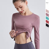 Moisture Wicking Shirts Fall/Winter Yoga Wear Female Bow Drawstring Tight Long Sleeve Quick-Drying Sports Fitness Top