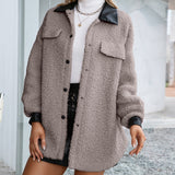 Women Sherpa Jacket Little Teddy Lapel Cardigan Plush Pu Long Single-Breasted Trench Coat