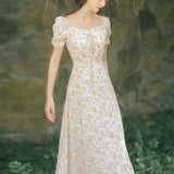Women Cottagecore Dress French Style Retro Square Collar Dress Summer