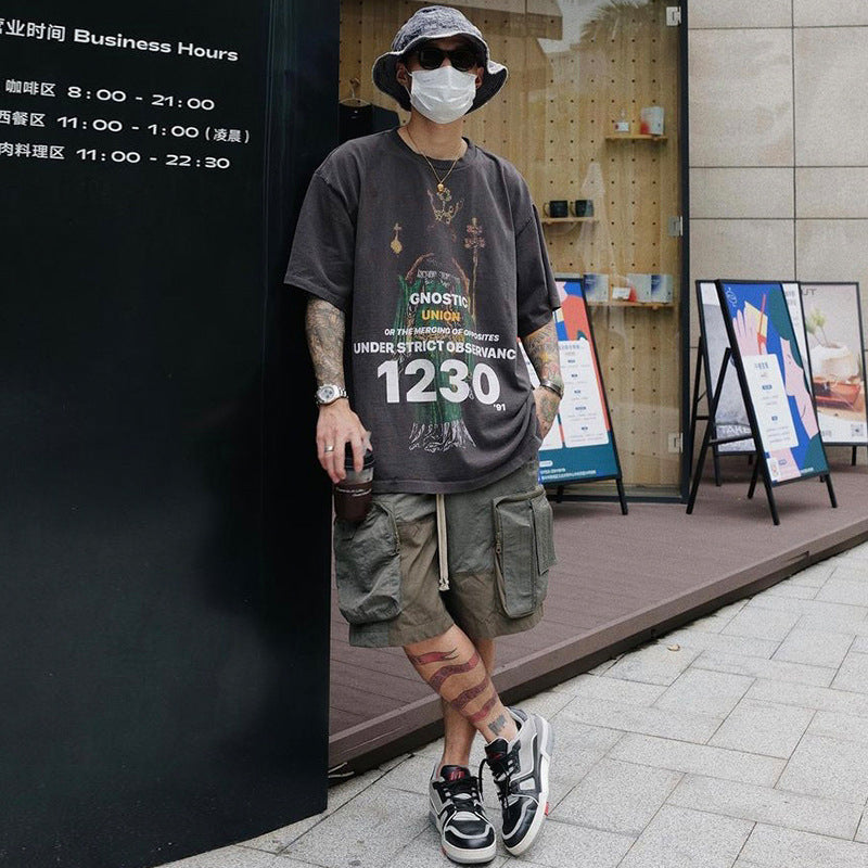 Rrr123 T-Shirt Vintage Distressed Fog Loose round Neck T-shirt