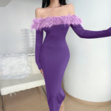 Emily Ratajkowski Dress Sexy Sheath Long Sleeve Feather Dress