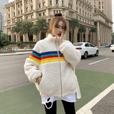 Women Sherpa Jacket Rainbow Lamb Wool Coat Women's Autumn and Winter Imitation Fur Top New Plush Coat