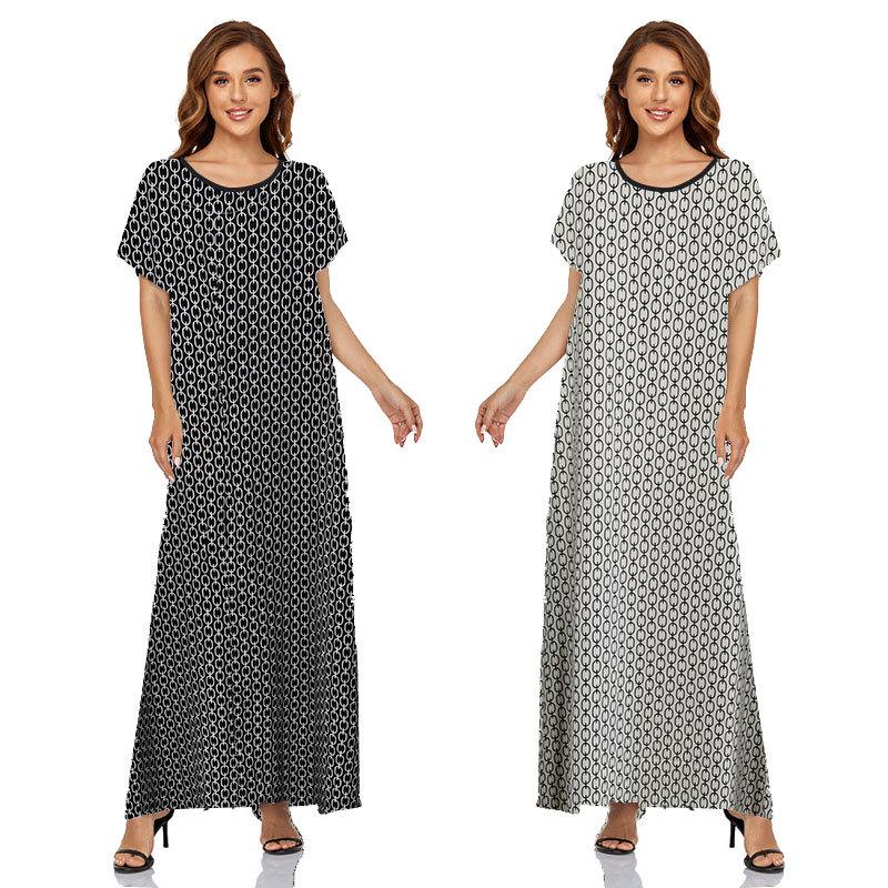 Muslim Women Stylish Kashibo Abaya Muslim Ladies Long Gown Islamic Clothing Jilbab Jalabiya Short Sleeve Round Neck Printed Summer Fashion Long Skirt