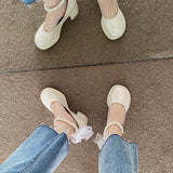 Nude Pumps Block Heel Vintage Bow Leather Shoes