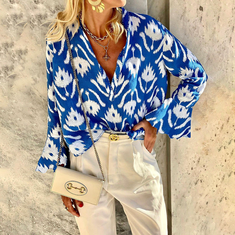 Women Bohemian Shirts Summer Fashion Loose Bell Sleeve Printed Shirt