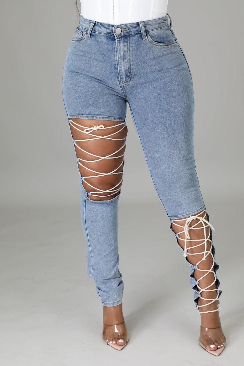 Women's Distressed Denim Jeans Ripped Jean Stretch Ripped Lace-up Jeans Women's Skinny Pants