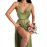 Nina Parker Dresses Sexy Slit Dress Solid Color Backless Suspender Dress