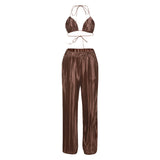 Women Top & Pant 2 Piece Set Summer Sexy Backless Underwaist Slim-Fit Straight Trousers Suit