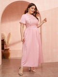 Women Plus Size Maxi Dresses Lace Patchwork Waist-Slimming Short Sleeve Dress