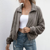 Women Sherpa Jacket Autumn and Winter Double-Sided Plush Lapel Short Top Drawstring Sweatshirt Coat