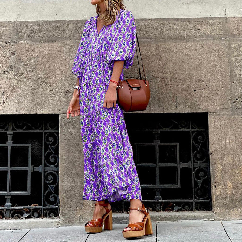 Women Bohemian Dress Women's Summer Short Sleeve Printed Dress