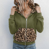 Women Sherpa Jacket Double-Sided Velvet Leopard Print Patchwork Hoodie Women's Plush Top Short Coat