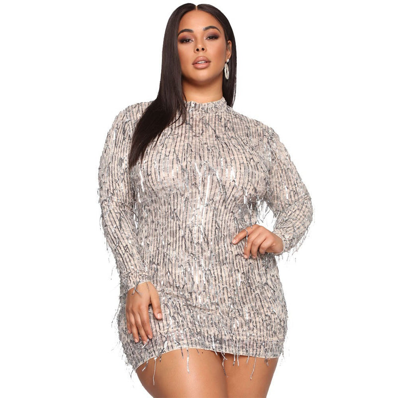 Nina Parker Dresses Fashionable Slim-Fit Turtleneck Sequined Fringed Sheath plus Size Dress