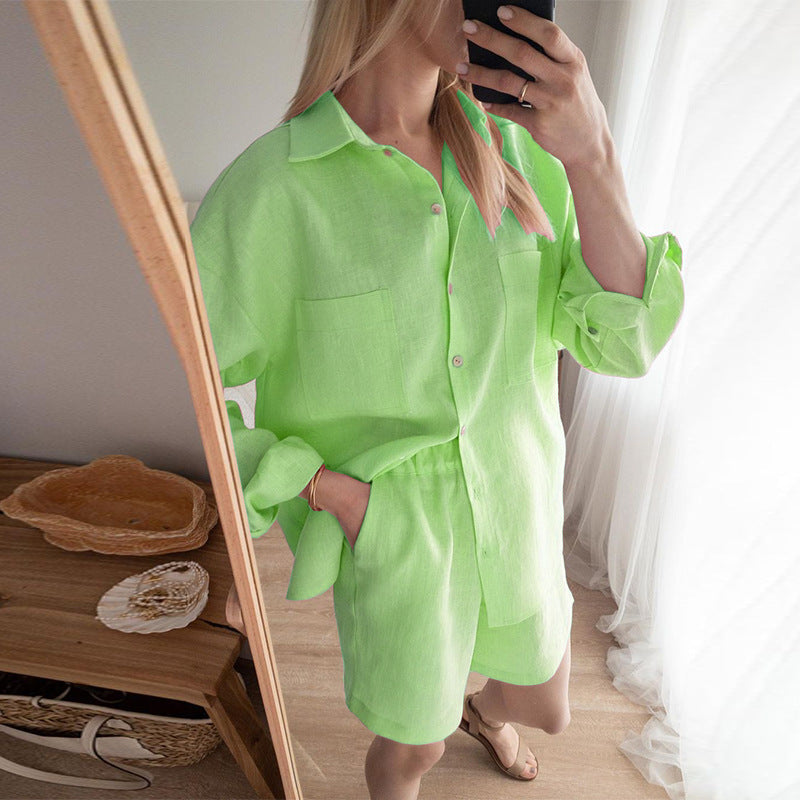 Women Bohemian Shirts Women's Shirt Elastic Waist Shorts Cotton and Linen Two-Piece Suit