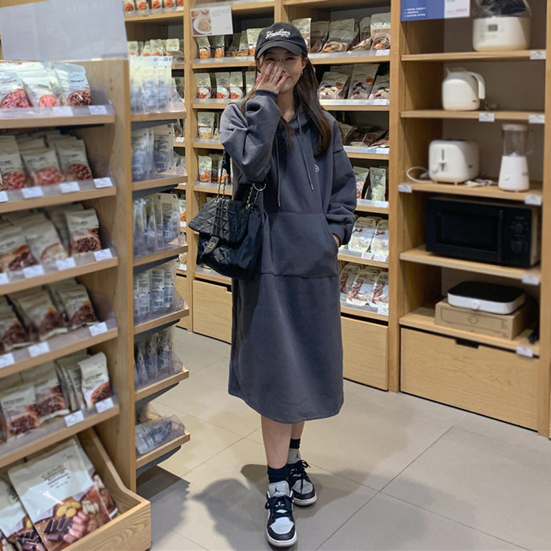 Work Dresses with Pockets Vintage Oversize Hooded Sweater Dress Women's Autumn and Winter Fleece-Lined Thick Loose