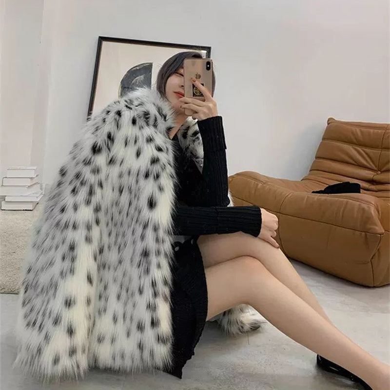 Women Dalmatian Coat Faux Fox Fur Fur Coat Spotted Leopard Print