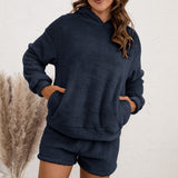 Women Sherpa Jacket Fur Hooded Sweater Set Casual Homewear Double-Sided Plush Two-Piece Set