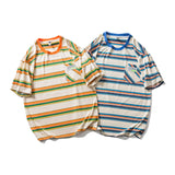 Men's T-shirt Summer Striped Short-Sleeved T-shirt Men's Fashion Brand Loose Street Casual T-shirt Personalized Pocket