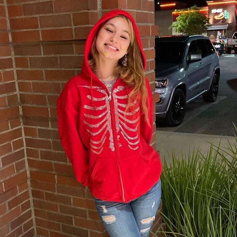 Skeleton Hoodie Autumn Sexy Loose Hooded Zipper Top